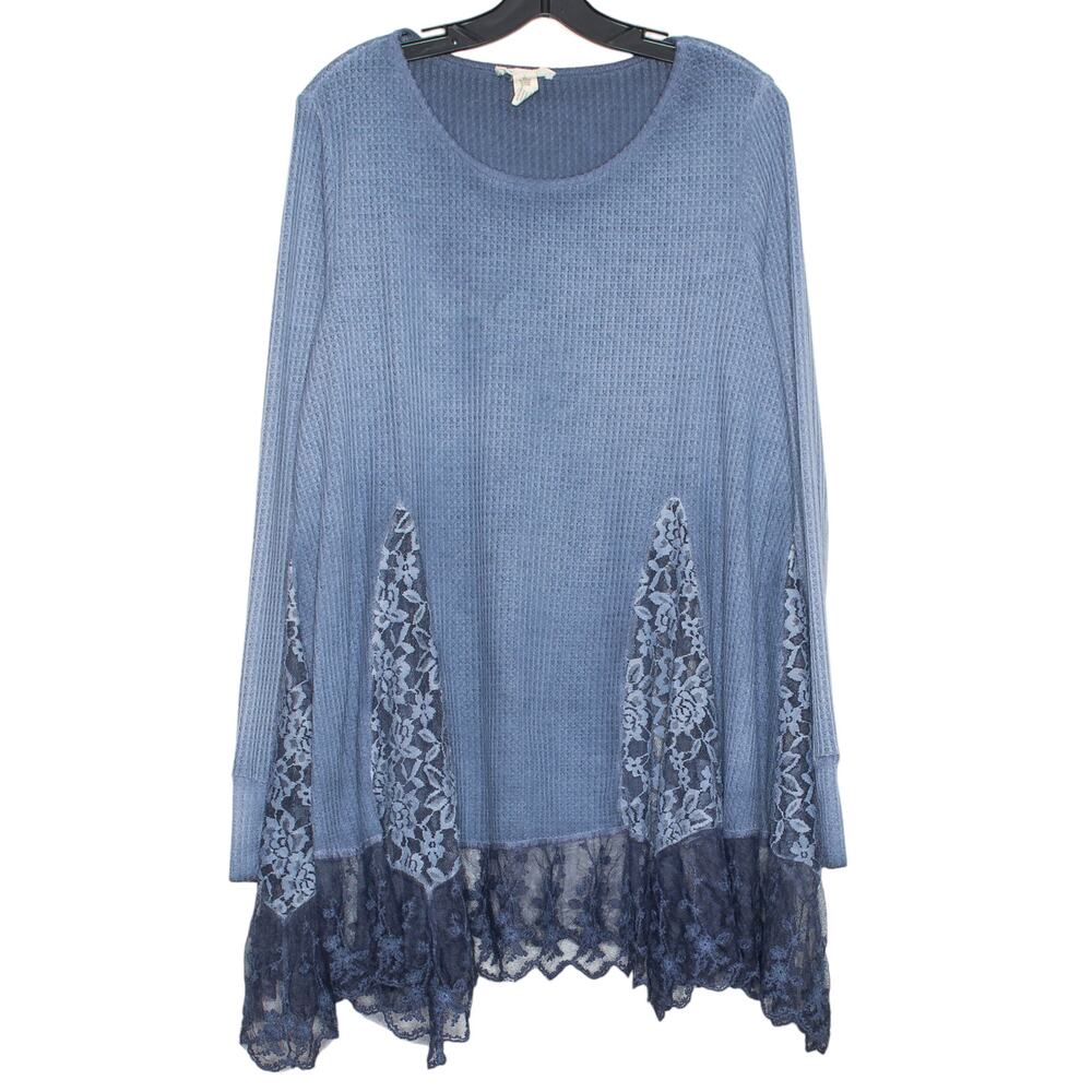 Indigo Thread Tunic Top Waffle Knit Lace Boho Lagenlook Romantic Oversize Blue L